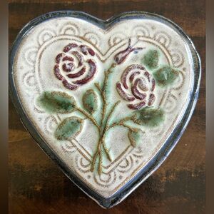 Studio Art Pottery Heart Wall Pocket Deep Red Floral Handmade In San Antonio,TX